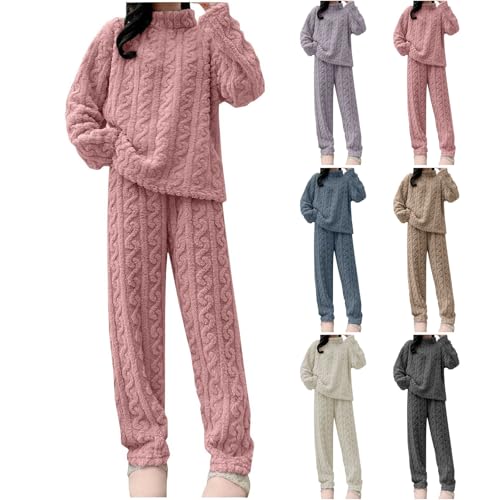 autumn pyjamas,Fleece Pyjamas for Women UK Winter Fluffy Sets Soft Warm 2 Pieces Pjs Nightwear Ladies Quarter Zip Pullover Thick Plush Flannel Loungewear Co Ord Set,womens pyjamas set,One Size A-Red