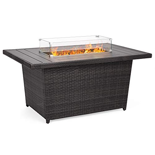 Best Choice Products 52in Outdoor Wicker Propane Fire Pit Table 50,000 BTU w/Glass Wind Guard, Tank Holder, Cover -Gray