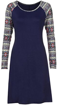DaySeventh 2018 Women‘s Lady Casual Bohemia Printed Long Sleeve O-Neck Knee-Length Dress (S, Navy)