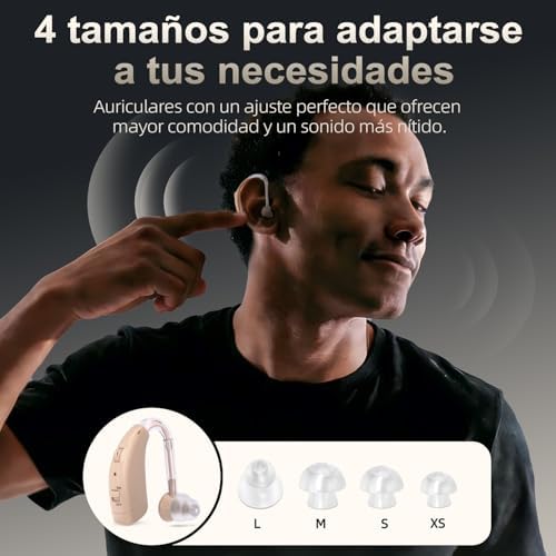Redução digital de ruído com volume ajustável. Dispositivo de som recarregável para seniores, com design confortável e leve atrás da orelha e porta de carregamento tipo C.