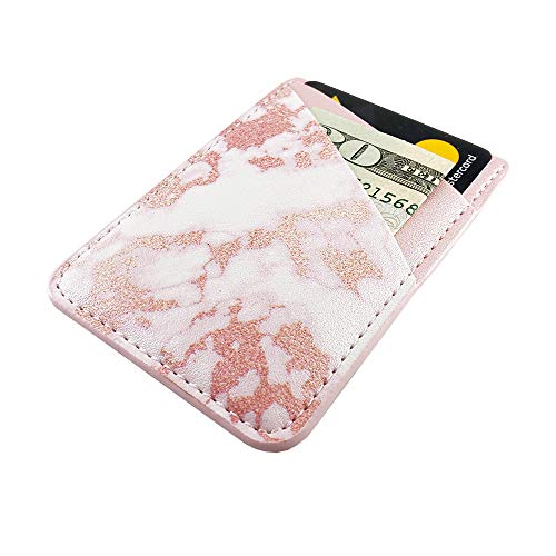 Obbii Rose Gold Marble Pink PU Leather Card Holder for Back of Phone with 3M Adhesive Stick-on Credit Card Wallet Pockets for iPhone and Android Smartphones