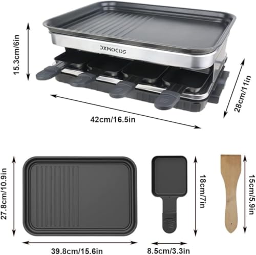 Dxmocos Raclette Grills Indoor Raclette Machine, Grill for 8 with Non-Stick Coating Plate, 8 Mini Pans, 1500W Adjustable Temperature Control for 8 Person