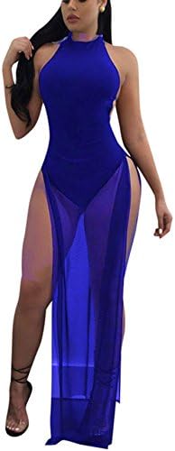 Women's Sexy Bodycon Clubwear Halter Sheer Mesh Bodysuit Maxi Dress