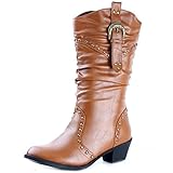 West Blvd Womens MOSCOW COWBOY Boots Cowgirl Western Roper Studded Slouch Shoes, Tan Pu, US 6.5