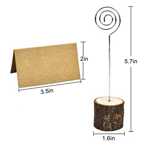 Pomeat 20 Pcs Table Card Holder Rustic Wood Base Wedding Card Holders with Swirl Wire and 20 Pcs Kraft Place Cards, 5.8 inch Photo Picture Note Clip for Wedding Home Party Table Decorations