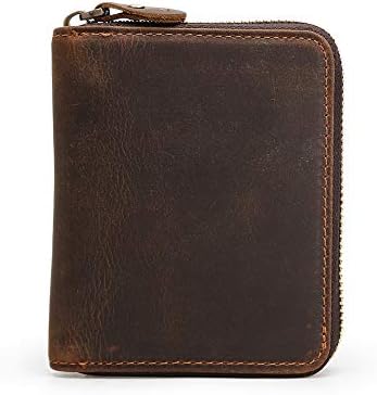 Vints RFID Mens Vintage Leather Zipper Bifold Wallet - with ID Window, Card Coin Holder Purse Pouch (Brown)