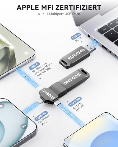 MFi - Chiavetta USB da 128 GB per iPhone, 4 in 1, in metallo, colore: nero