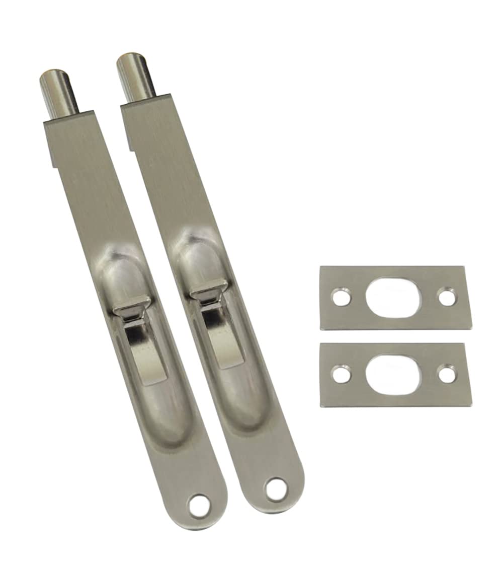 QCAA Solid Brass Flush Bolt, Round Shape, 6", Brushed Satin Nickel, 2 Pack, Made in Taiwan — image 1