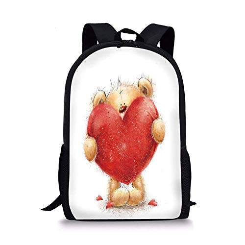 Fashbag Unisex Outdoor Backpack Bear,Valentines Day Inspired Sweet Teddy Bear Holding a Big Red Heart Love Romance Decorative,Sand Brown Red Waterproof Rucksack