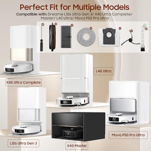 23pcs Accessories for Dreame X40 Ultra Complete / X40 Master / L40 Ultra/Mova P50 Pro Ultra Robot Vacuum Cleaner, 1 TriCut Brush 4 Filters, 6 Side Brushes, 4 Cleaning Cloths, 6 Bags