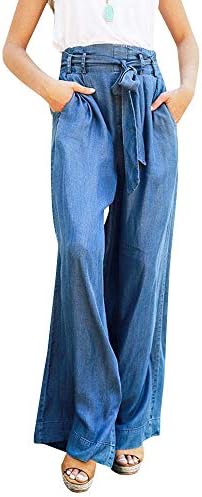Geckatte Womens Casual Flowy Pants Palazzo High Waist Wide Leg Denim Pants with Belt
