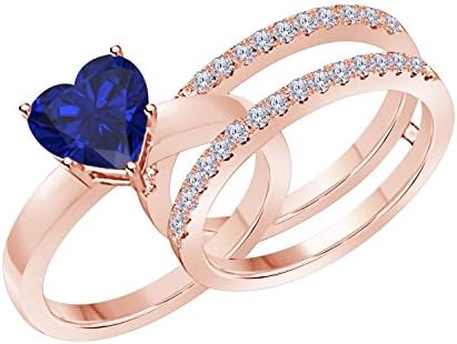 1.50 Ct Heart Shape Blue Sapphire &amp; Simulated Diamond Enhancer Solitaire Engagement Ring 14k Rose Gold Plated Guard Wrap Jacket