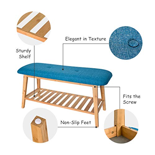Shoe Rack Bench Entryway – Navy Blue Upholstered Padded Cushion Bamboo Storage Ottoman Seat Free Standing for Hallway Bedroom Living Room Mudroom by Domax