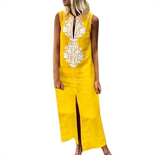 Summer Plain Dress, Women's Casual Short Sleeves Crewneck Side High Split Loose Long Maxi Dress Midi Solid Color Tunic Blouse