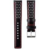 Perforated Sport D-1 Padded Leather Watch Band in Jet Black & Red Stitch 20mm