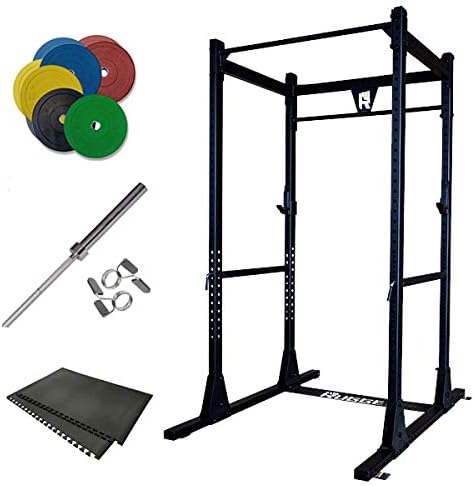 Rugged Fitness Power Rack Y100 with Bumper Set, Heavy Floor Mat, Barbell