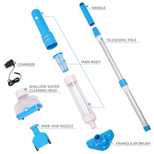 Aspirador de Piscina Batería Inalámbrico, 3 en 1 Limpiafondos Piscina Manual Carga Rápida de 1 Hora 35 L/min Succión Potente y Filtro de 50 μm para SPA Jacuzzi Piscinas Desmontables y Escaleras