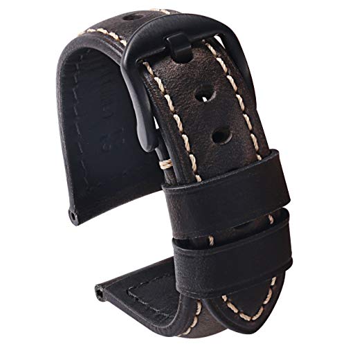 Smoke Gray Black Genuine Calfskin Leather Watch Strap Black Buckle Leather Watch Band 22mm with Brushed Buckle