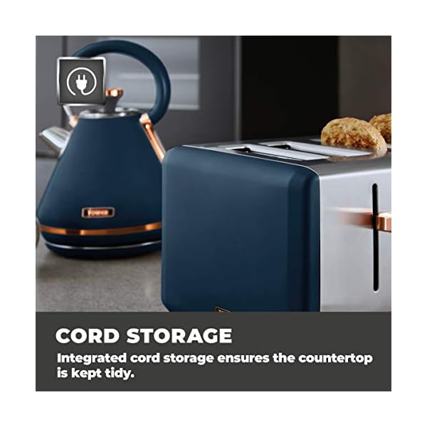 Tower T20051MNB Cavaletto 4-Slice Toaster with Defrost/Reheat, Stainless Steel, 1800 W, Midnight Blue and Rose Gold