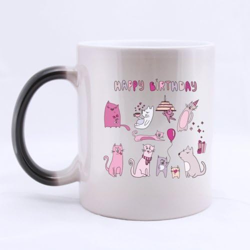 Birthday Gift Funny 'Happy Birthday' Pink Dogs Cats Celebration (Twin Side) Magic Surprise Mug Changing Black And White Morphing Mug (11 Oz)
