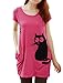 Allegra K Lady Round Neck Short Sleeve Cat Prints Loose Tunic Top M Fuchsia