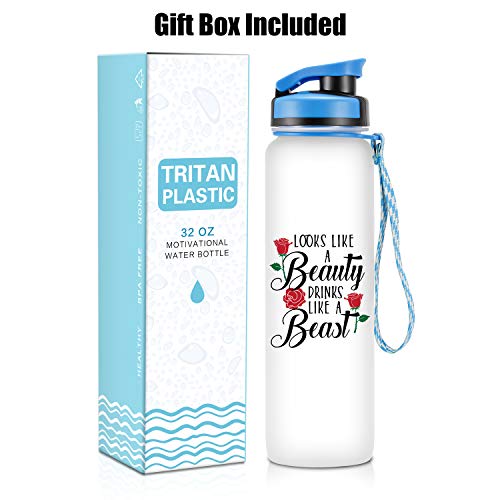 LEADO 32oz 1Liter Motivational Tracking Water Bottle with Time Marker - Looks Like a Beauty Drinks Like a Beast - Funny Birthday Gifts for Women Friends, Coworkers, Girls, Wife, Daughter, Sister, Her
