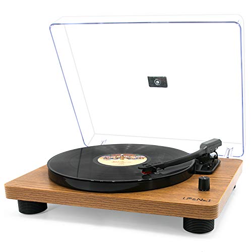 LP&No.1 Retro Record Player Supporting Vinyl to MP3 Recording, 3-Speed Belt Drive Turntable with Built-in Stereo Speakers and RCA Output, Yellow Wood Finish