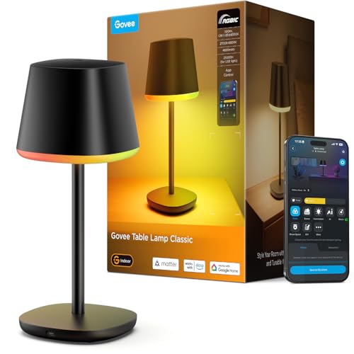 Govee Table Lamp Classic RGBICWW, Smart Cordless Lamp Work with Matter, Alexa and Google Assistant, with 72+ Scene Modes, 500Lm, 2700-6500K, Nightstand Lamp for Living Room, Bedrooom and Office