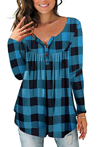 Fall V Neck Soft Tops Plaid Long Sleeve Shirts for Women Blue Plaid M