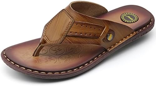 MVVT Men's Sandals Leather Microfiber Flip Flops For Men Casual Shoes (10.5 D(M) US, Khaki)