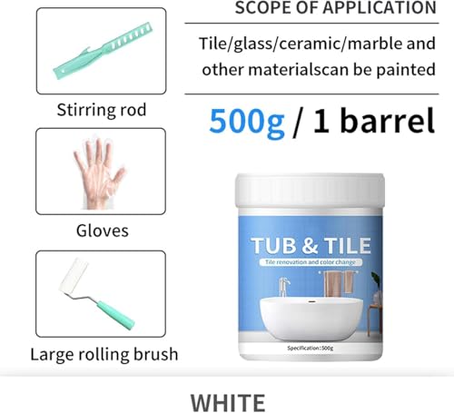 Bathroom Tub and Tile Refinishing Kit–Quick-Dry Water-Resistant Paint with Rolling Brush Set,Countertop & Bathtub Restoration,Easy Application for Bathroom Surfaces(White)