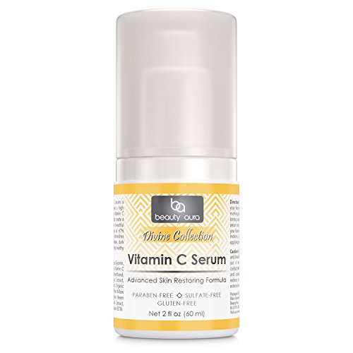 Beauty Aura Vitamin C Facial Serum - 2 Oz. Bottle - Hydrates, Brightens, Fade Age Spots & Wrinkles - 67% Organic Ingredients- Paraben Free, Sulfate Free, Gluten Free