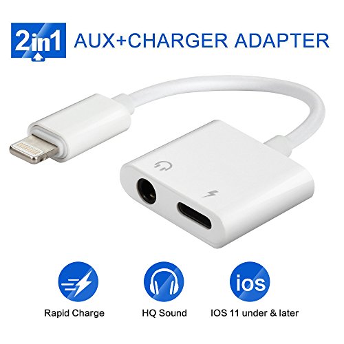 iPhone 7 Headphones Adapter, 2 in 1 Lightning to 3.5mm Audio Charge Earphone Jack Adapter Cable for iPhone 7 / 7 Plus [Support iOS 10.3]