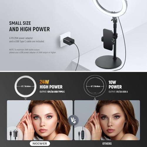 NEEWER 12" 24W High Power Desk Ring Light with Stand/Phone Holder, LED Selfie Video Conference Lighting for iPhone Streaming Makeup Vlog Recording Laptop Computer Webcam Zoom Call Podcast, RH12B