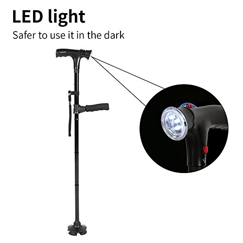 Folding Walking Cane with LED Light and Cushion Handle, Lightweight Adjustable Portable Aluminum Walking Stick Aid with Flashlight for Men Women Senior (Black)