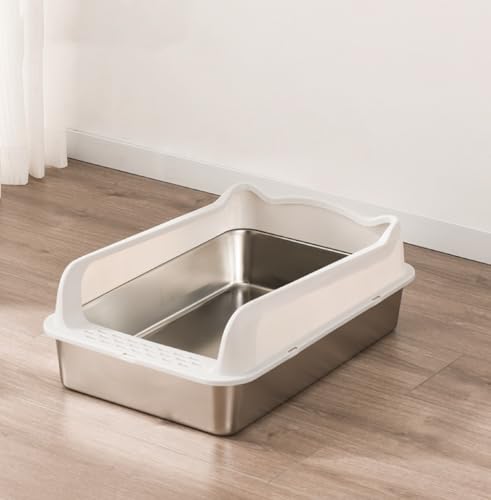 ORCHID M®Stainless Steel Cat Litter Box，Metal Kitty Litter Box with High Wall Sides Enclosure for Big and Small Cats, Odor Control, Easy Clean,Non-Sticky, Anti-Leakage(white）