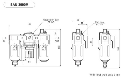 PneumaticPlus SAU3000M-N03DG-MEP 3 Unit Combo Compressed Air Filter Regulator Lubricator, 3/8" Pipe Size, NPT-Auto Drain, Metal Bowl, 10 Î¼m with Gauge