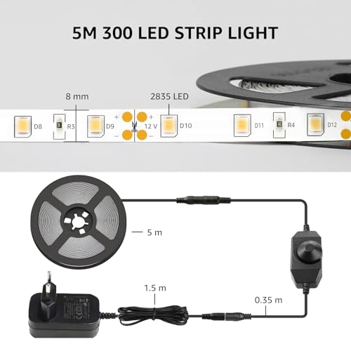 LE 5 m Dimmable LED Strip Set, Warm White LED Strips, 12 V, Self-Adhesive Flexible DIY LED Band, IP20 LED Strip, LED Light Strip with Power Supply and Controller for Indoors, Kitchen, Decoration