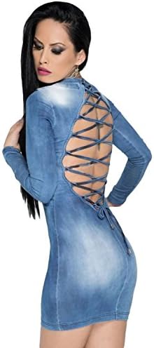 Elisan Woman Sexy Long Sleeves Corset Back O Neck Corset Cutout Back Lace Up Wash Denim Dress