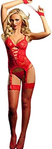 Women 4pcs Lingerie Set Floral Lace Bodydoll Bodysuit Vest Garter Belt with Thongs Stockings Wrist by Lowprofile