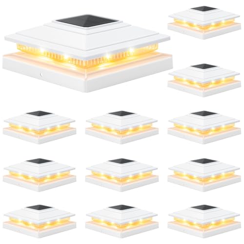 APONUO Solar Post Cap Lights 12-Pack, White IP64 Waterproof 16 LED Fence Post Solar Lights for 4x4 5x5 6x6 Wood/Vinyl Posts, 2-Mode Deck Post Lights Solar Powered, 10-Hr Lighting for Patio Yard Porch at Amazon