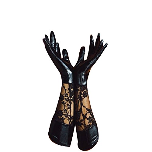 Pop Your Dream Women Sexy Finger Glove Long Elbow Floral Half Hace Patent Leather Wedding Accessories(Black)