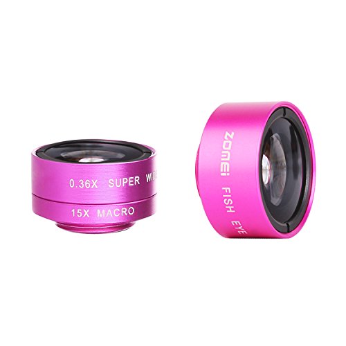 ZOMEI Phone Lens,0.36X Super Wide Angle Lens + 15X Macro Lens + 180 Degree Fisheye, Universal Clip-On Cell Phone Lens for iPhone6s /6/5, Samsung Galaxy & Most Smartphones（Hot Pink）