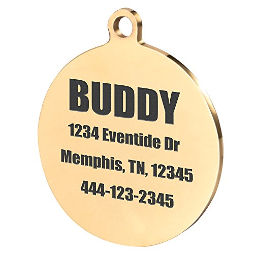 Round Stainless Steel Pet ID Tags, Personalized Dog Tags for Free Engraving Front & Back (Small, Gold)