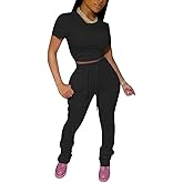 PINSV Women's 2 Piece Outfits Bodycon Lounge Wear Crop Top Stacked Pants Going Out Jogging Tracksuit Sets