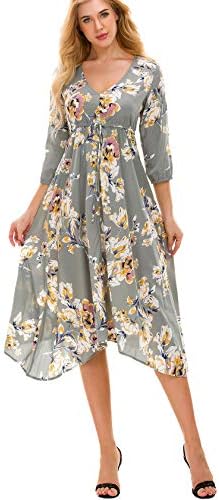 Tsher Women's Deep V-Neck 3/4 Sleeve Beach Holiday Dress Floral Print Flowy Party Dress 0058