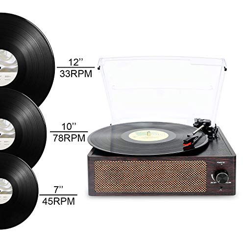 Bluetooth Record Player Belt-Driven 3-Speed Turntable, Vintage Vinyl Record Players Built-in Stereo Speakers, with Headphone Jack/ Aux Input/ RCA Line Out, Brown Wooden (Brown-1)