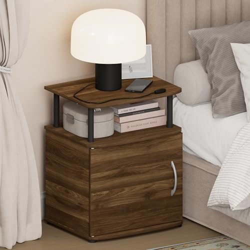 Furinno Jaya Mesa de Noche con Puerta con Estante Abierto y gabinete con Puerta con Esquinas Redondeadas, Mesa Lateral, Mesa Auxiliar, para Dormitorio, Armario, Sala de Estar, Pino ámbar