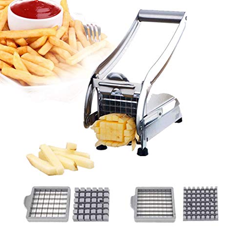 Stainless Steel French Fries Cutter, Vegetables Potatoes Chips Cutter Slicer, Potato Chipper with 2 Blades of Different Sizes,Potato Chipper for Home and Commercial Use