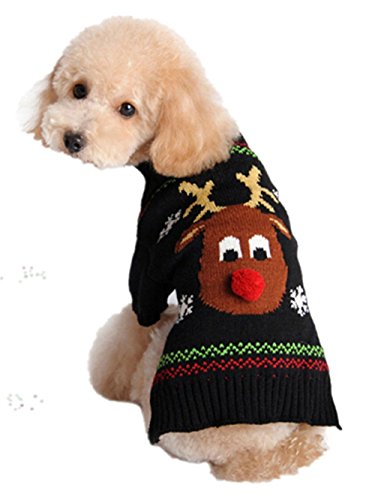 Moolecole Puppy Dog Christmas Knitted Sweater Reindeer Sweatshirt Clothes Pet Winter Knitwear Coat Warm Hoodies Apparel Black L